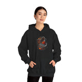 Inferno Spirit Fiery Dragon Whiskey Bottle Unisex Heavy Blend Hooded Sweatshirt Bold Streetwear Biker Inspired Tattoo Art Flame Design Symbol of Strength Rebellion and Passion