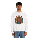 Mythical Tribal Mask Unisex Crewneck Sweatshirt Heavy Blend Pullover Cultural Warrior Spirit Inspired Festival Graphic Art Streetwear Top