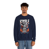 Humble Angel Statue Unisex Heavy Blend Crewneck Sweatshirt Graphic Pullover Streetwear Fire Print Bold Motivational Urban Fashion Outfit