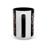Money Bright Angel Accent Coffee Mug 11oz 15oz Gothic Statue Black Ceramic Cup with Red Flames and Cash Design for Hustlers