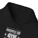 Money Up In Flames Unisex Heavy Blend Hooded Sweatshirt Graphic Hoodie Black Bold Hustle Fire Money Design Streetwear Entrepreneur Alpha Mindset Wealth Fashion