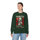 Haunted Warrior Unisex Heavy Blend Crewneck Sweatshirt Graphic Pullover Black Samurai Ninja Fighter Bold Red Streetwear Futuristic Artistic Fashion Outfit