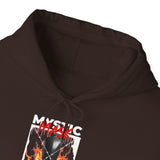 Mystic Mask Flames Graphic Unisex Heavy Blend Hoodie Hustler Streetwear Motivational Dark Mystery Bold Fire Design