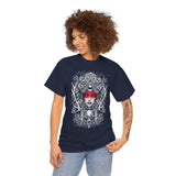 Mystic Warrior Goddess Unisex Heavy Cotton Tee Bold Monochrome Tribal Design Powerful Feminine Energy Streetwear Graphic T-Shirt for Art Lovers Festivals and Everyday Wear