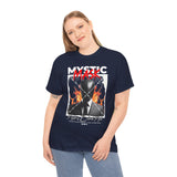 Mystic Mask Flames Graphic Unisex Heavy Cotton Tee Hustler Streetwear Motivational Dark Mystery Bold Design