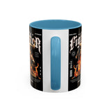 Fighter Accent Coffee Mug 11oz 15oz Black Ceramic Cup with Greek Warrior Statue and Flames Design for Hustlers and Motivated Minds