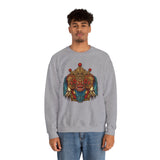 Mythical Tribal Mask Unisex Crewneck Sweatshirt Heavy Blend Pullover Cultural Warrior Spirit Inspired Festival Graphic Art Streetwear Top