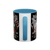 Money Bright Accent Coffee Mug 11oz 15oz Black Ceramic Gothic Angel Statue Design with Red Neon Artwork for Hustlers and Bold Thinkers