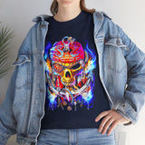 Flaming Pirate Skull Unisex Heavy Cotton Tee Bold Nautical Skull Streetwear T Shirt Fiery Gothic Rebellion Design Perfect For Bikers Gamers Artists And Metal Lovers