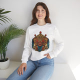 Unisex Mythical Tribal Mask Crewneck Sweatshirt Heavy Blend Pullover Cultural Warrior Spirit Inspired Festival Graphic Art Streetwear Top