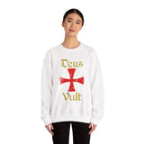 Unisex Deus Vult Crewneck Sweatshirt Medieval Crusader Cross Heavy Blend Fleece Pullover Warrior Knight Inspired Vintage Christian Symbol Streetwear
