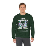 Neo Invaders Futuristic Holographic Graphic Unisex Heavy Blend Crewneck Sweatshirt Sci Fi Cyberpunk Streetwear Bold Statement Pullover