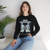 Neo Invaders Futuristic Holographic Graphic Unisex Heavy Blend Crewneck Sweatshirt Sci Fi Cyberpunk Streetwear Bold Statement Pullover