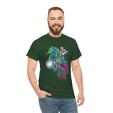 Seahorse Knight Neon Warrior Unisex Heavy Cotton Tee Futuristic Cyberpunk Fantasy Streetwear T Shirt Vibrant Medieval Armor Design Perfect For Gamers Dreamers And Art Lovers