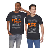 Orange Retro JDM Inspired Sports Coupe Blueprint Unisex Heavy Cotton Tee Street Racing Art Shirt for Car Lovers Daily Wear