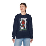 Love Fake Friendship Rose Crewneck Comfortable Unisex Sweatshirt Bold Graphic Streetwear Pullover Empowering Artistic Floral Design For Self Expression Perfect Gift For Friends Birthdays Cozy Days Casual Wear