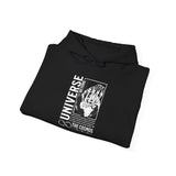Universe Beyond The Cosmos Unisex Heavy Blend Hooded Sweatshirt Graphic Hoodie Black Skeleton Hand Space Infinity Streetwear Futuristic Sci Fi Artistic Fashion Outfit