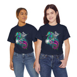 Seahorse Knight Neon Warrior Unisex Heavy Cotton Tee Futuristic Cyberpunk Fantasy Streetwear T Shirt Vibrant Medieval Armor Design Perfect For Gamers Dreamers And Art Lovers