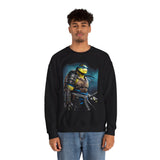 Urban Warrior Samurai Heavy Fleece Crewneck Sweatshirt Blue Energy Armor Design Bold Fighter Strength Streetwear for Fearless Achievers and Mindset Champions