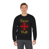 Unisex Deus Vult Crewneck Sweatshirt Medieval Crusader Cross Heavy Blend Fleece Pullover Warrior Knight Inspired Vintage Christian Symbol Streetwear