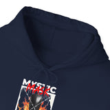 Mystic Mask Flames Graphic Unisex Heavy Blend Hoodie Hustler Streetwear Motivational Dark Mystery Bold Fire Design