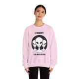 I Want To Believe Alien Unisex Crewneck Sweatshirt UFO Graphic Pullover Extraterrestrial Space Themed Sci Fi Conspiracy Inspired Paranormal Streetwear