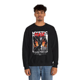 Mystic Mask Flames Graphic Unisex Heavy Blend Crewneck Sweatshirt Hustler Streetwear Motivational Dark Mystery Bold Fire Design