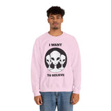 I Want To Believe Alien Unisex Crewneck Sweatshirt UFO Graphic Pullover Extraterrestrial Space Themed Sci Fi Conspiracy Inspired Paranormal Streetwear