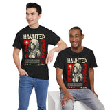 Haunted Warrior Unisex Heavy Cotton Tee Graphic Black T Shirt Bold Red Samurai Ninja Inspired Futuristic Streetwear Artistic Fashion Outfit