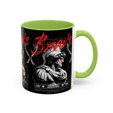 Brave Soul Warrior Accent Coffee Mug 11oz 15oz Black Ceramic Two Tone Cup Bold Statue Design with Red Script Gift for Coffee Lovers