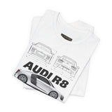 White Mid Engine Sports Coupe Blueprint Artwork Unisex Heavy Cotton Tee High Performance Inspired Streetwear Graphic Shirt For Car Enthusiasts And Automotive Art Fans
