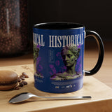 Historical Accent Coffee Mug 11oz 15oz Black Ceramic Cup with Greek Goddess Statue and Purple Floral Design for Art and History Lovers