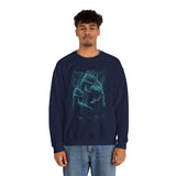 Prehistoric Thunder Unisex Crewneck Sweatshirt Electric Blue Neon Raptor Storm Design Bold Streetwear for Dino Lovers Artists and Urban Dreamers