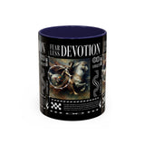 Fearless Devotion Accent Coffee Mug 11oz 15oz Black Ceramic Cup with Warrior on Horse Artwork for Courage Loyalty and Strength Lovers