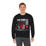 Heart Flower Graphic Unisex Heavy Blend Crewneck Sweatshirt Comfortable Streetwear Pullover Bold Red and Black Floral Heart Design Symbol of Love Strength and Vitality Perfect Gift for Friends...