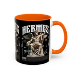 Hermes Accent Coffee Mug 11oz 15oz Black Ceramic Mythology Cup with Greek God Winged Statue Design for History Lovers and Art Enthusiasts
