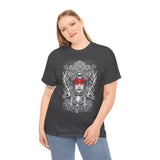 Mystic Warrior Goddess Unisex Heavy Cotton Tee Bold Monochrome Tribal Design Powerful Feminine Energy Streetwear Graphic T-Shirt for Art Lovers Festivals and Everyday Wear