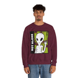 Not Alone Alien Unisex Crewneck Sweatshirt UFO Cartoon Graphic Pullover Extraterrestrial Sci Fi Space Themed Conspiracy Inspired Paranormal Streetwear