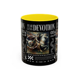 Fearless Devotion Accent Coffee Mug 11oz 15oz Black Ceramic Cup with Warrior on Horse Artwork for Courage Loyalty and Strength Lovers
