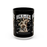 Hermes Accent Coffee Mug 11oz 15oz Black Ceramic Mythology Cup with Greek God Winged Statue Design for History Lovers and Art Enthusiasts