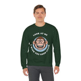 Smiling Monkey Cartoon Good Luck Unisex Sweatshirt Funny Cute Graphic Pullover Positive Vibes Humor Design Cozy Warm Casual Wear Gift For Friends Family