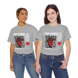 Heart Flower Graphic Unisex Heavy Cotton Tee Comfortable Streetwear T Shirt Bold Red and Black Floral Heart Design Symbol of Love Strength and Vitality Perfect Gift for Friends Birthdays and Casual Everyday Wear