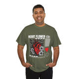 Heart Flower Graphic Unisex Heavy Cotton Tee Comfortable Streetwear T Shirt Bold Red and Black Floral Heart Design Symbol of Love Strength and Vitality Perfect Gift for Friends Birthdays and Casual Everyday Wear