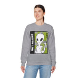 Not Alone Alien Unisex Crewneck Sweatshirt UFO Cartoon Graphic Pullover Extraterrestrial Sci Fi Space Themed Conspiracy Inspired Paranormal Streetwear