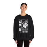Universe Beyond The Cosmos Unisex Heavy Blend Crewneck Sweatshirt Graphic Pullover Black Skeleton Hand Space Infinity Streetwear Futuristic Sci Fi Artistic Fashion Outfit
