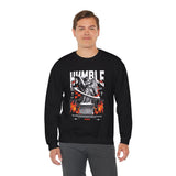 Humble Angel Statue Unisex Heavy Blend Crewneck Sweatshirt Graphic Pullover Streetwear Fire Print Bold Motivational Urban Fashion Outfit