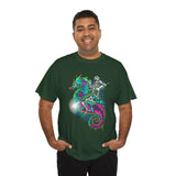 Seahorse Knight Neon Warrior Unisex Heavy Cotton Tee Futuristic Cyberpunk Fantasy Streetwear T Shirt Vibrant Medieval Armor Design Perfect For Gamers Dreamers And Art Lovers