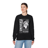 Universe Beyond The Cosmos Unisex Heavy Blend Crewneck Sweatshirt Graphic Pullover Black Skeleton Hand Space Infinity Streetwear Futuristic Sci Fi Artistic Fashion Outfit