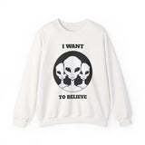 I Want To Believe Alien Unisex Crewneck Sweatshirt UFO Graphic Pullover Extraterrestrial Space Themed Sci Fi Conspiracy Inspired Paranormal Streetwear