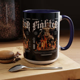 Fighter Accent Coffee Mug 11oz 15oz Black Ceramic Cup with Greek Warrior Statue and Flames Design for Hustlers and Motivated Minds